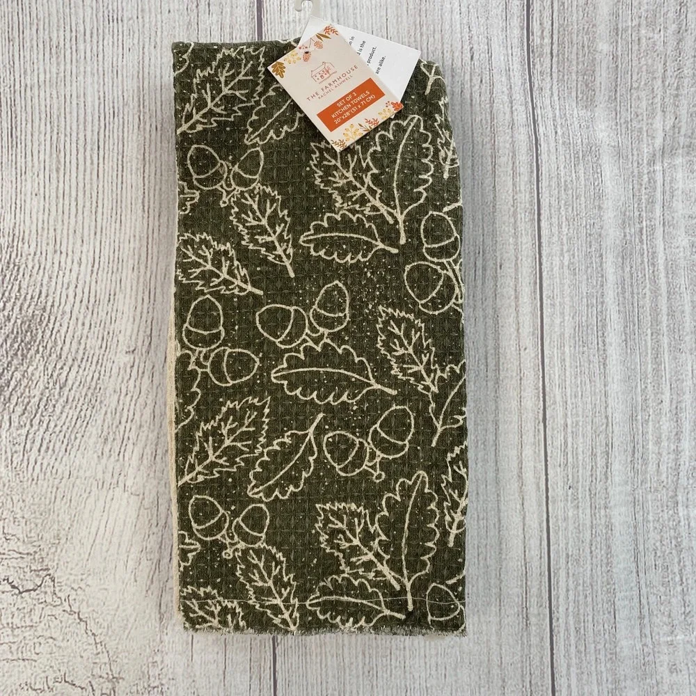 Rachel Ashwell The Farmhouse Kitchen Towels (3) Green Fall Acorn Leaf Autumn